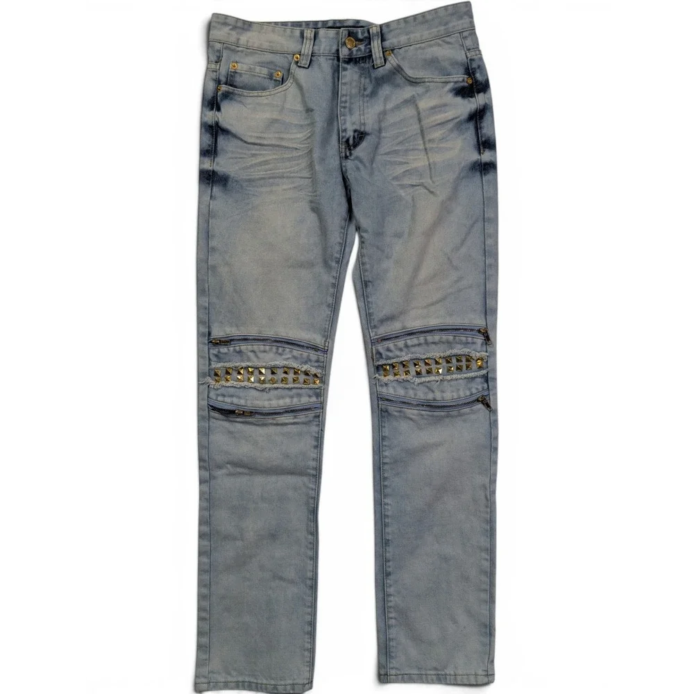 Finest Threads NY Mens Biker Jeans 34 x 32 Studded Zipper Distressed Blue